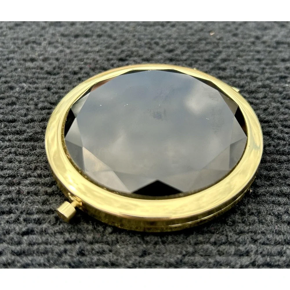 Gold Compact Mirror Faceted Black Gemstone Look Purse Makeup‎ Accessory 2.5 Inch